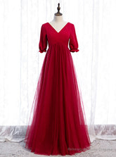 Burgundy Tulle V-neck Short Sleeve High Waist Prom Dress